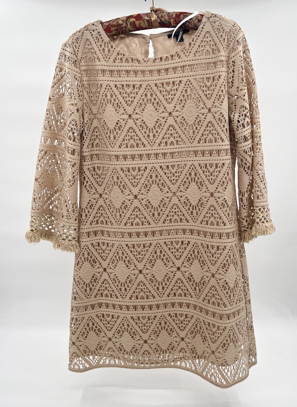 Jodi Kristopher Dress Women Large Beige Lace overlay Lined Sheer Sleeves